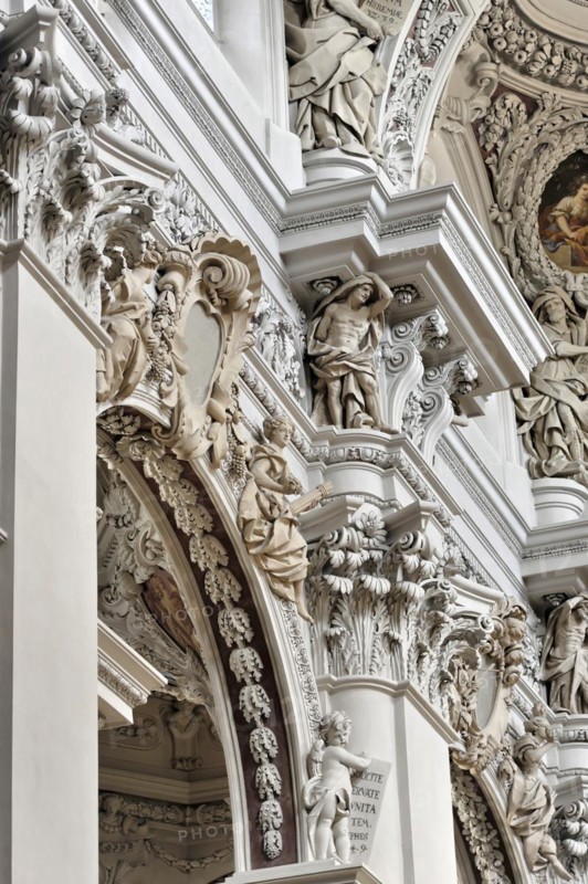 St Stephen's Cathedral, Passau, detail of baroque stucco work with sculptures in a church interior, St Stephen's Cathedral, Passau, Bavaria, Germany, Europe