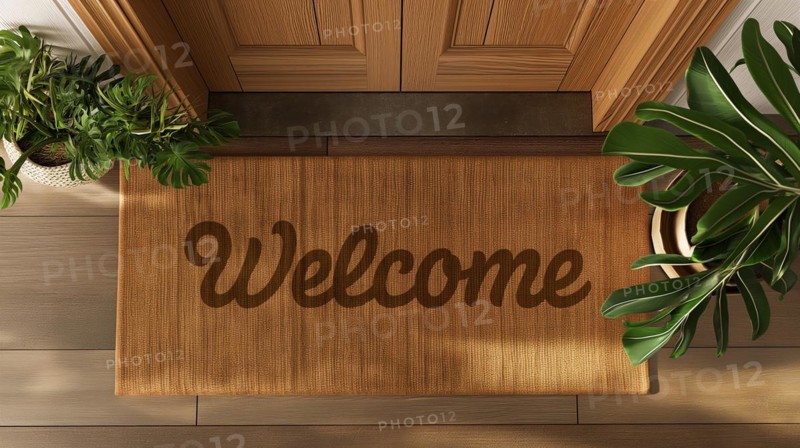 Welcome mat at front door of house. generative AI, AI generated