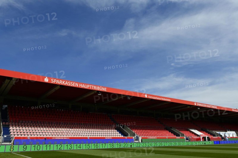 Opposite stand, Sparkasse main stand, logo, Sparkasse, empty, interior, Voith-Arena, Heidenheim, Baden-Wuerttemberg, Germany, Europe