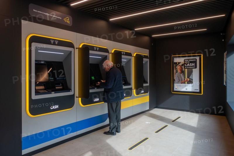 Elderly man collecting money from indoor ATM cash dispenser of bank neutral Bancontact CASH point in Flanders, Belgium. MODEL RELEASED