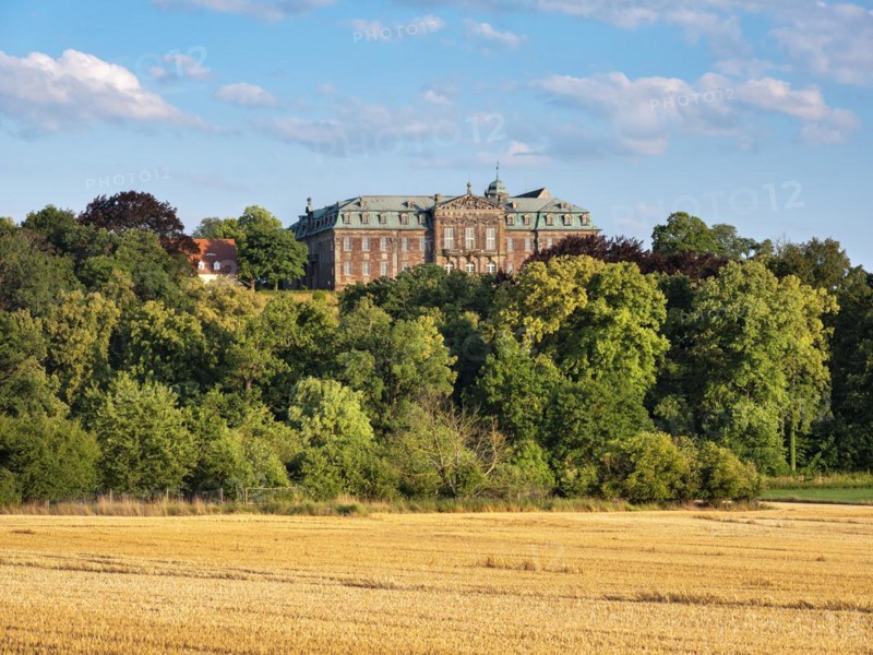 View over stubble field to Burgscheidungen Castle, Unstruttal, Burgenlandkreis, Saxony-Anhalt, Germany, Europe