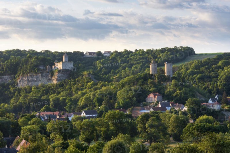 View of Rudelsburg castle ruins, Saaleck castle and Kreipitzsch manor, in the Saale valley, near Bad Koesen, Saxony-Anhalt, Germany, Europe