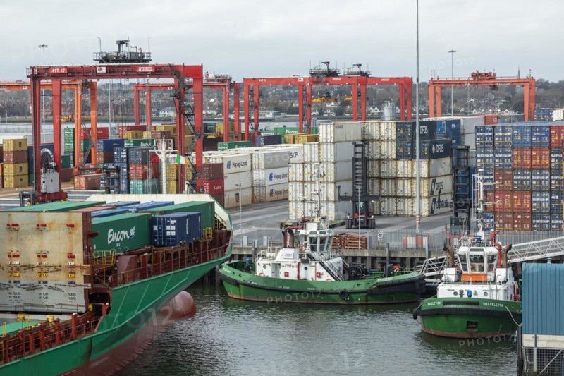 Container ship, container bridge, container, tugboat, harbour, Dublin, Republic of Ireland