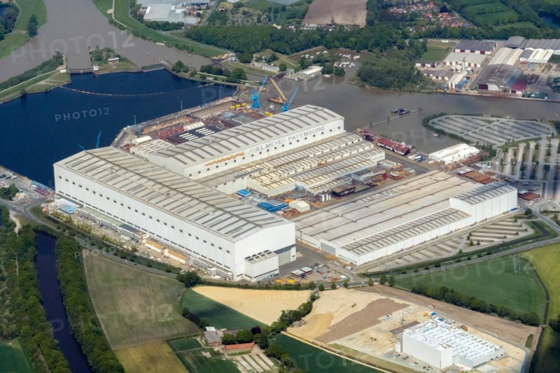 Aerial view, Meyer Werft Papenburg, shipbuilding, industry, shipyard, Papenburg, Lower Saxony, Germany, Europe