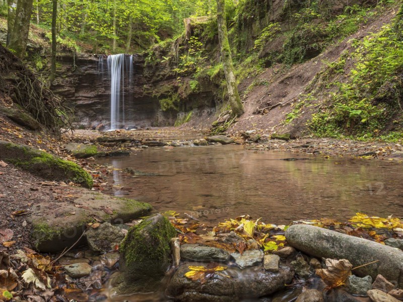 Small waterfall at Hoerschbach, Hoerschbach Valley, Swabian-Franconian Forest nature park Park, Murrhardt, Baden-Wuerttemberg, Germany, Europe