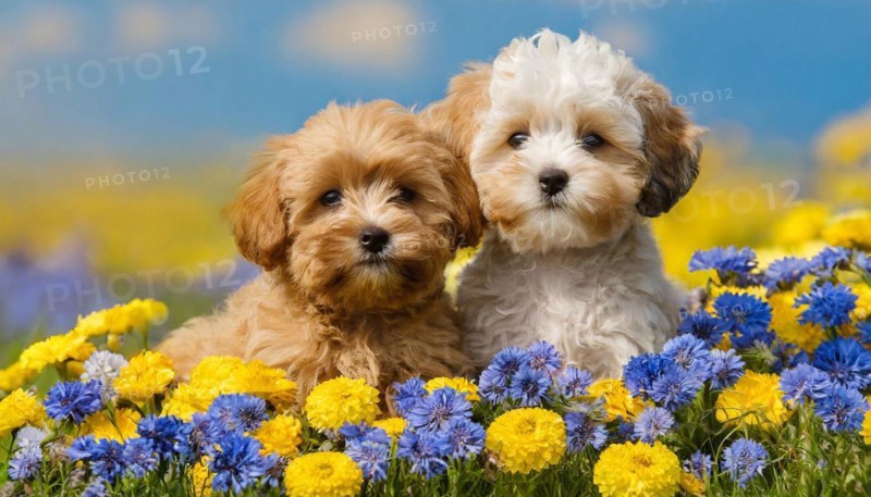 KI generated, animal, animals, mammal, mammals, Maltipoo (Canis lupus familiaris), dog, dogs, bitch, cross between poodle and Maltese, dwarf poodle, small poodle, flower meadow, two, bitch with puppy