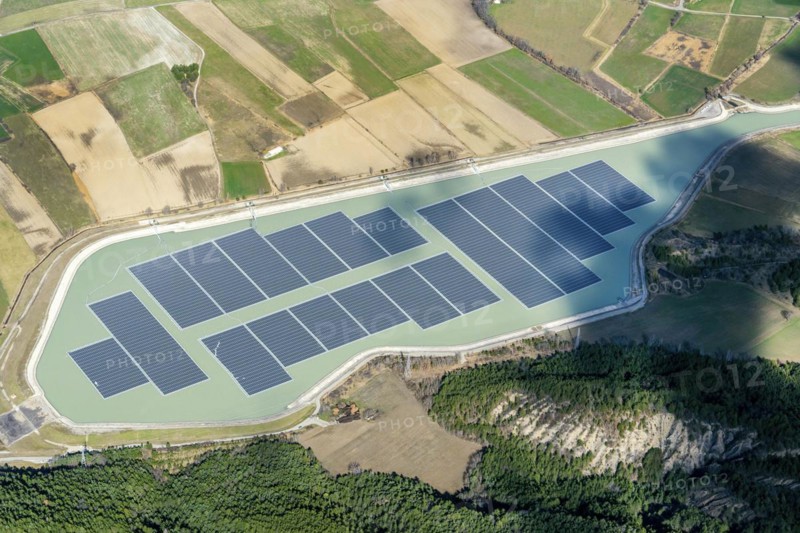 Aerial view, power plant, hydroelectric power plant power plant, solar park, hybrid power plant, reservoir, floating, EDF, photovoltaics, Lazer, Provence, Alpes Haut Provence, France, Europe