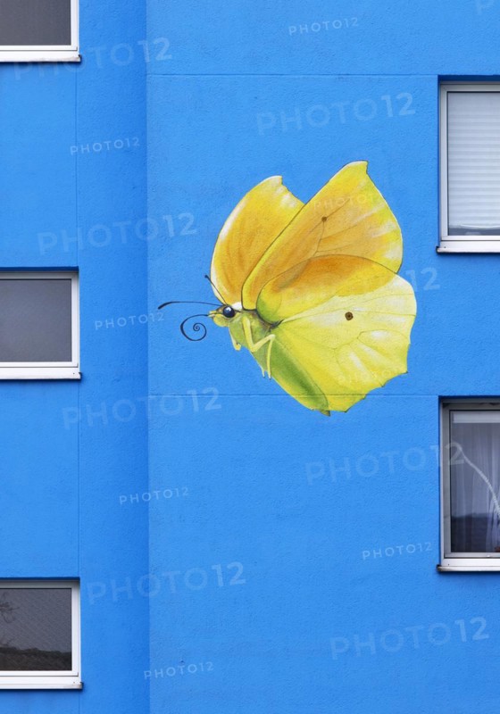 Sunflower house, painted yellow lemon butterfly on a skyscraper, artist Ulrich Allgaier, Wuppertal, North Rhine-Westphalia, Germany, Europe