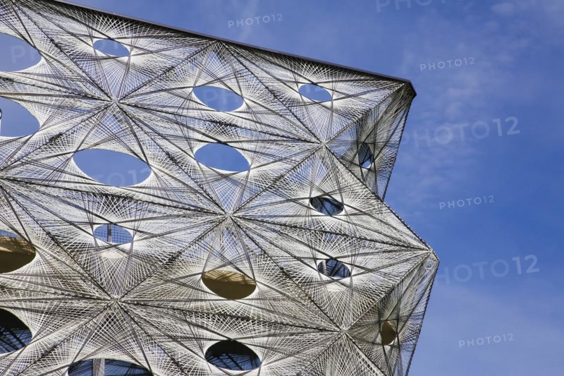 Reutlingen University, Reutlingen University, Texoversum, German University Building Award 2024 for TEXOVERSUM, modern architecture, facade made of carbon and glass fibres, mesh, innovative, identity-creating, unique facade, campus, place of learning, special, extraordinary new building for textile courses, light, airy, airy, holes, detail, architectural eye-catcher, Reutlingen, Baden-Wuerttemberg, Germany, Europe