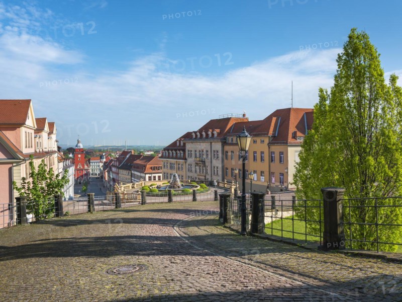 Cobbled street leading from Friedenstein Castle to the historic old town with the main market square and town hall, Gotha, Thuringia, Germany, Europe