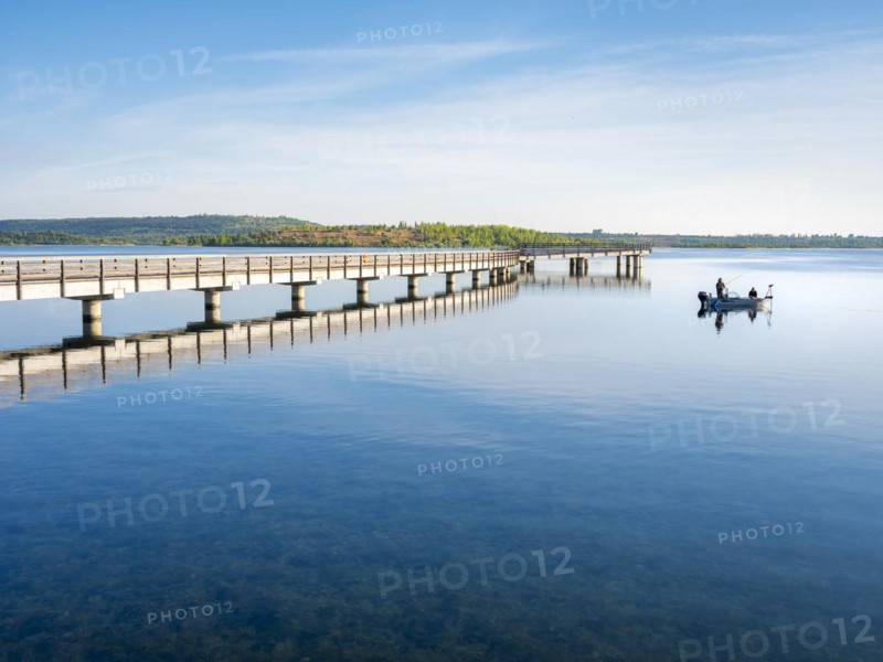 Pier in the harbour and fishing boat, Braunsbedra Marina, Geiseltalsee, Saxony-Anhalt, Germany, Europe