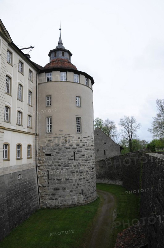 Langenburg Castle, A medieval tower on a castle wall surrounded by trees under a cloudy sky, Langenburg Castle, Langenburg, Baden-Wuerttemberg, Germany, Europe
