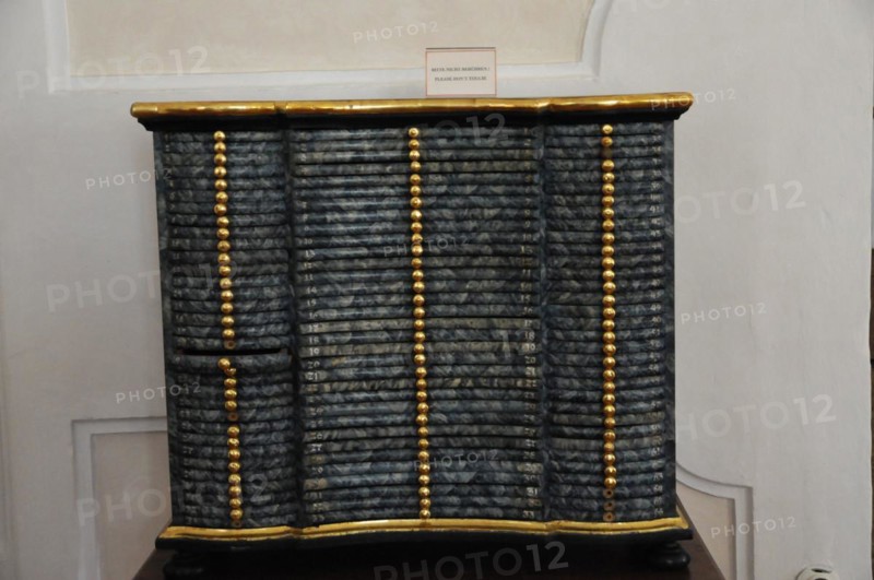 Langenburg Castle, Black antique chest of drawers with gold-coloured accents and textured surface, Langenburg Castle, Langenburg, Baden-Wuerttemberg, Germany, Europe