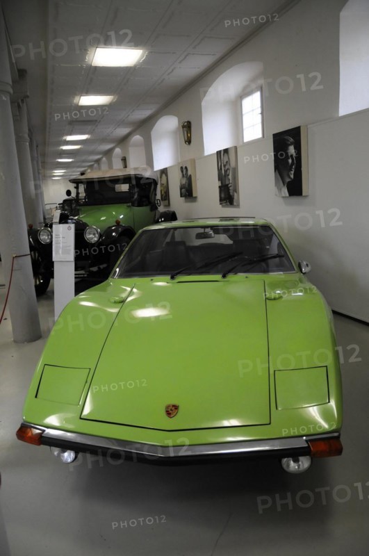 Deutsches Automuseum Langenburg, Green Porsche 914 Targa sports car in a museum, side view, Deutsches Automuseum Langenburg, Langenburg, Baden-Wuerttemberg, Germany, Europe