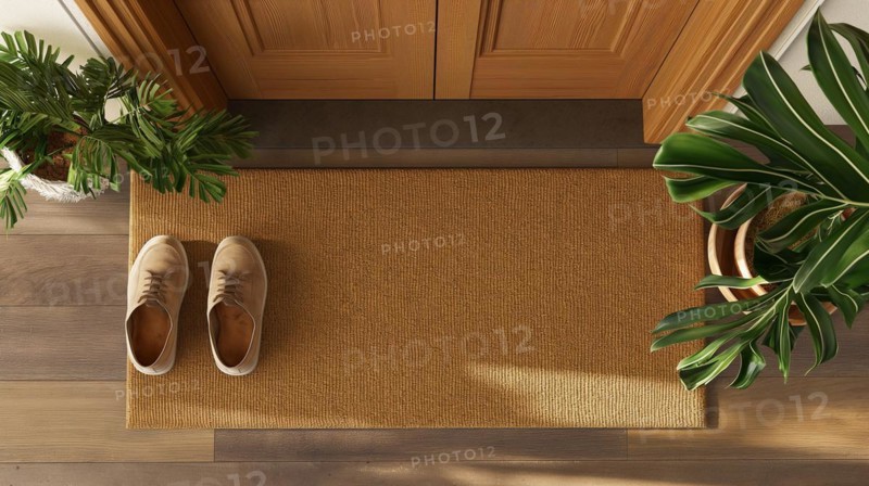Blank welcome mat and pair of shoes at front door of house. generative AI, AI generated