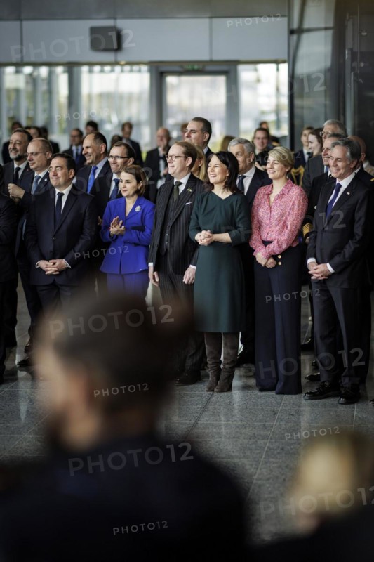 (L-R) Jose Manuel Albares, Foreign Minister of Spain, Lumini?a-Teodora Odobescu, Foreign Minister of Romania, Tobias Billstroem, Foreign Minister of Sweden, Annalena Baerbock, Federal Minister for Foreign Affairs, Melanie Joly, Foreign Minister of Canada, Antony Blinken, Secretary of State of the United States of America, Ceremony on the occasion of the 75th anniversary of the signing of the founding document of the North Atlantic Treaty. Brussels, 04.04.2024. Photographed on behalf of the Federal Foreign Office