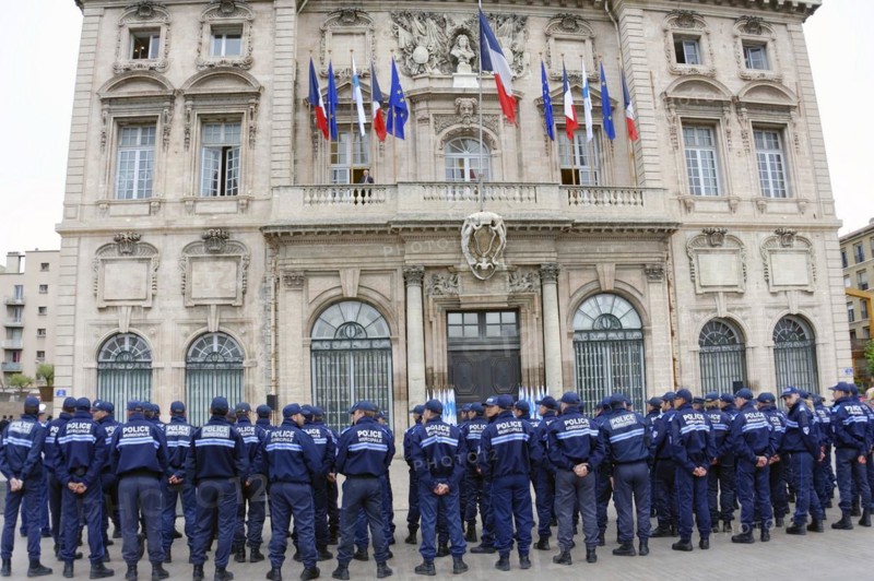 Marseille city hall, police in uniformed line in front of a public building, Marseille, Departement Bouches-du-Rhone, Provence-Alpes-Cote d'Azur region, France, Europe