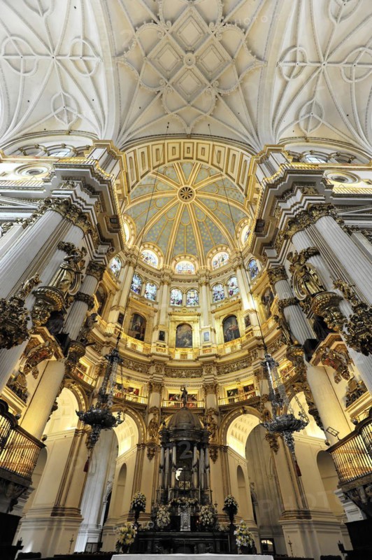 Santa Maria de la Encarnacion, Cathedral of Granada, interior view of a richly decorated church dome with gold-coloured elements, Granada, Andalusia, Spain, Europe