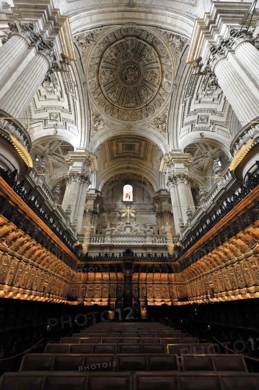 Jaen, Catedral de Jaen, Cathedral of Jaen from the 13th century, Renaissance art epoch, Jaen, panoramic view of the interior of a magnificent theatre with stage and seats, Jaen, Andalusia, Spain, Europe