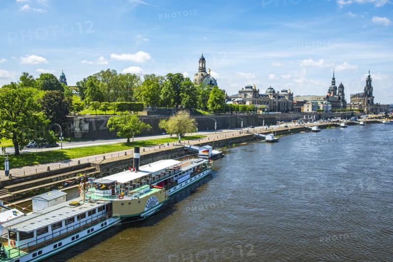 View of the historic old town ensemble and the steamer landing stage on the Terrassenufer in Dresden, Saxony, Germany, Europe