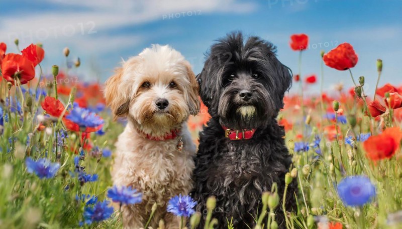 KI generated, animal, animals, mammal, mammals, Maltipoo (Canis lupus familiaris), dog, dogs, bitch, cross between poodle and Maltese, dwarf poodle, small poodle, flower meadow, two, pair, cream, black