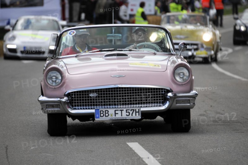 A pink Ford Thunderbird Cabriolet classic car takes part in a road race, SOLITUDE REVIVAL 2011, Stuttgart, Baden-Wuerttemberg, Germany, Europe
