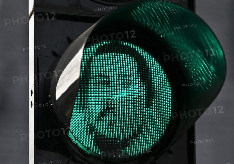 Green Engels traffic light at the Engels House, the birthplace of Friedrich Engels, historic centre, Wuppertal, North Rhine-Westphalia, Germany, Europe