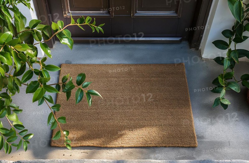 Blank welcome mat at custom front door of house. generative AI, AI generated