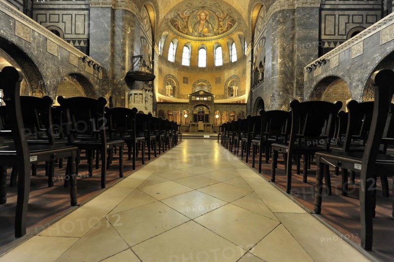 Church of the Redeemer, start of construction 1903, Bad Homburg v. d. Hoehe, Hesse, Rows of pews in a church interior with mosaic floor and central lighting, Church of the Redeemer, start of construction 1903, Bad Homburg v. Hoehe, Hesse, Germany, Europe