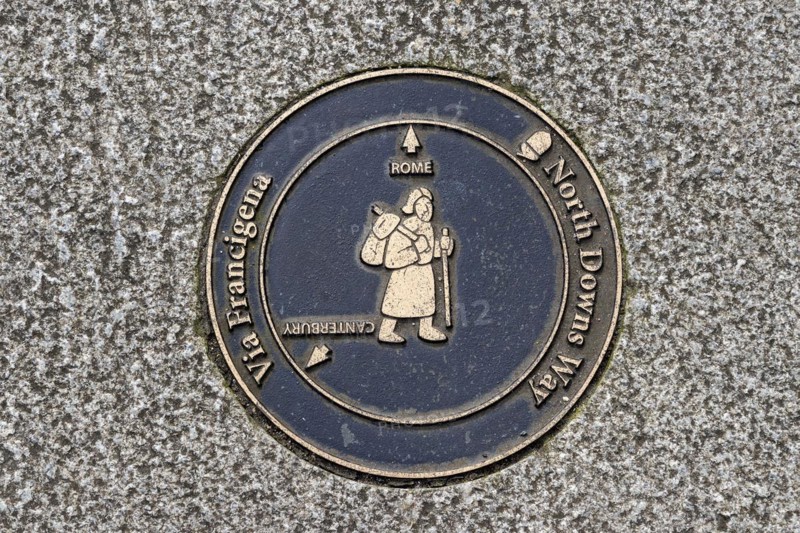 Plaque in the pavement showing the route of the Pilgrims' Way from Canterbury to Rome, North Downs Way, Dover, Kent, Great Britain