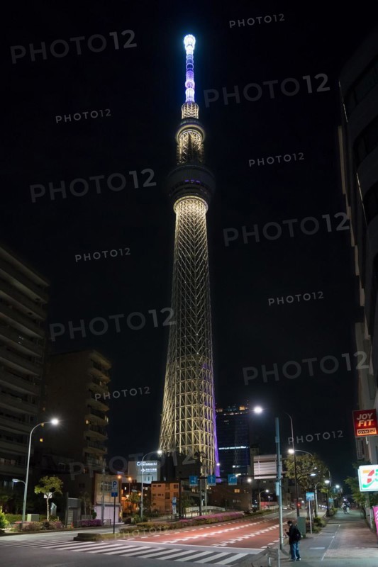 634 meters high Tokyo Skytree, broadcasting and observation tower in Sumida illuminated at night in the city Tokyo, Japan, Asia