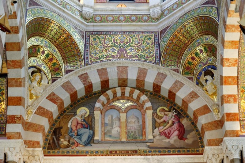 Church of Notre-Dame de la Garde with mosaics, Marseille, Archway with mural painting of religious motifs and colourful mosaic in a church, Marseille, Departement Bouches-du-Rhone, Provence-Alpes-Cote d'Azur region, France, Europe