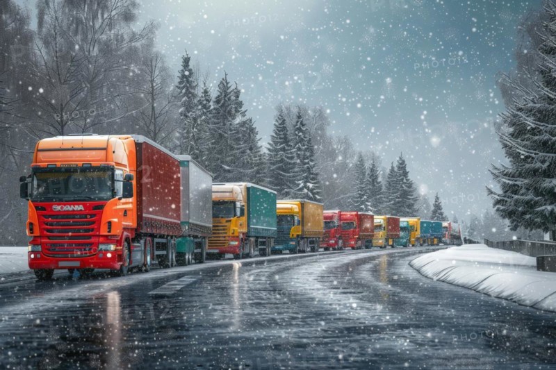 Traffic jam, congested motorway with many lorries and cars in winter, bad weather conditions, snow chaos, restricted visibility, AI generated, AI generated, AI generated