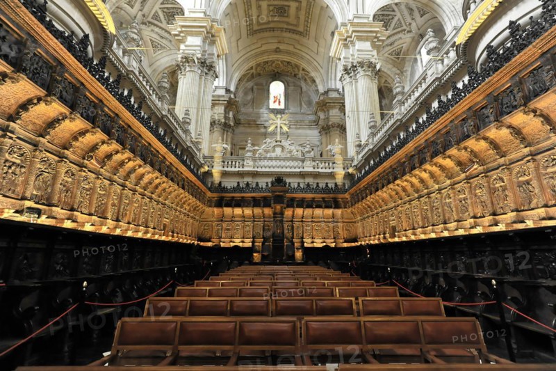 Jaen, Catedral de Jaen, Cathedral of Jaen from the 13th century, Renaissance art epoch, Jaen, Magnificent theatre hall with richly decorated rows of seats and ceilings, Jaen, Andalusia, Spain, Europe
