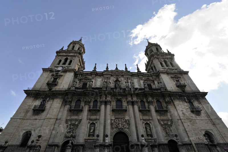 Jaen, Catedral de Jaen, Cathedral of Jaen from the 13th century, Renaissance art epoch, Jaen, facade of a baroque church with two towers and sculptural decoration, Jaen, Andalusia, Spain, Europe