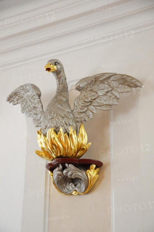 Langenburg Castle, Silver-coloured sculpture on the wall with gold-coloured details, Langenburg Castle, Langenburg, Baden-Wuerttemberg, Germany, Europe