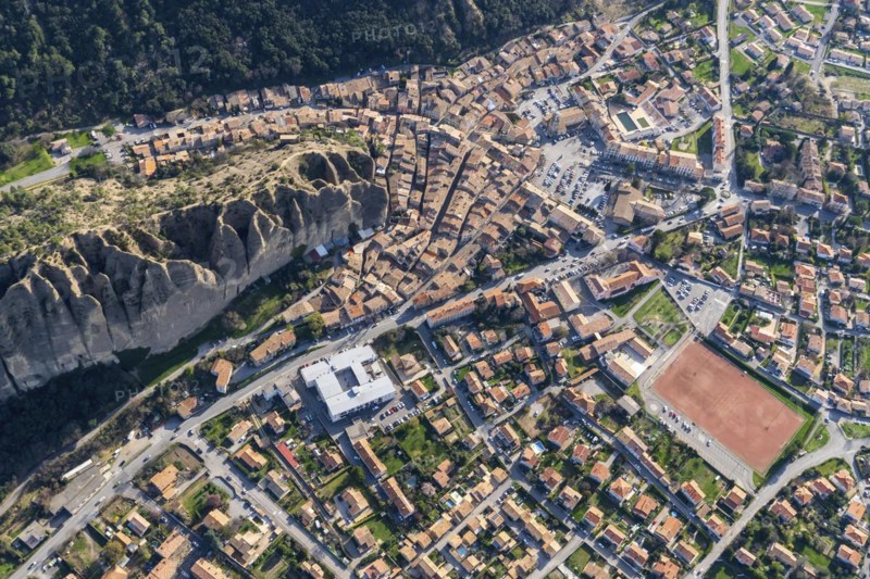Aerial view of Les Mees, Provence-Alpes-Cote d'Azur Departement, Les Penitents, the penitents, rock formation, geology, Les Penitents near Les Mees, Maritime Alps, France, Europe
