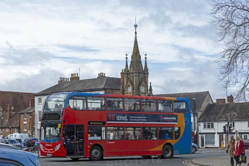 Double-decker bus, clock tower, Stratford upon Avon, England, Great Britain