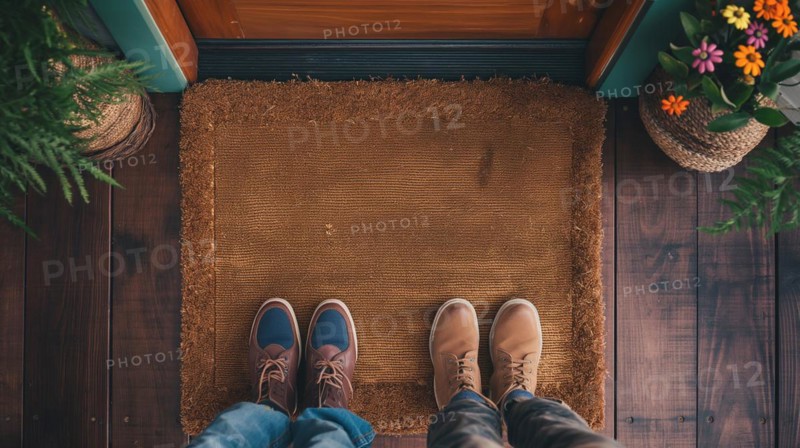 Blank welcome mat and two pair of feet at front door of house. generative AI, AI generated