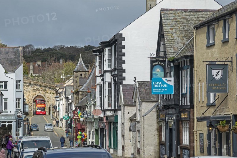 Houses, town gate, double-decker bus, Castle Street, Conwy, Wales, Great Britain