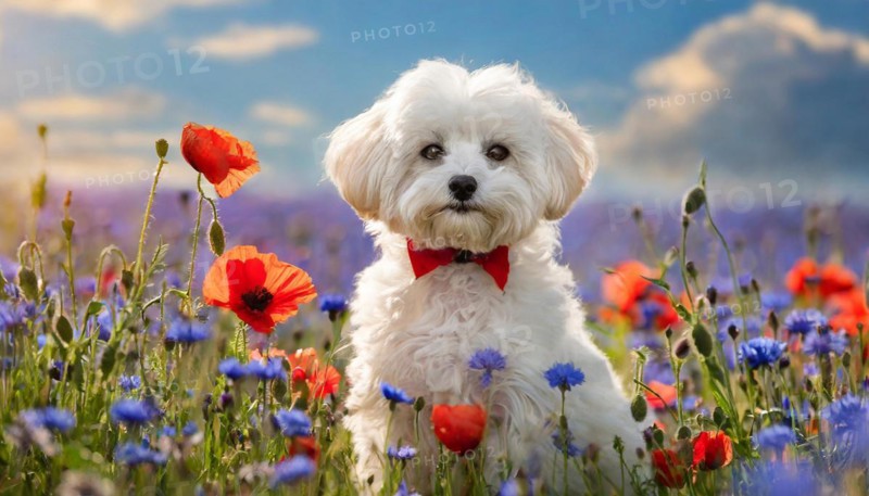 KI generated, animal, animals, mammal, mammals, Maltipoo (Canis lupus familiaris), dog, dogs, bitch, cross between poodle and Maltese, dwarf poodle, small poodle, flower meadow, puppy, white