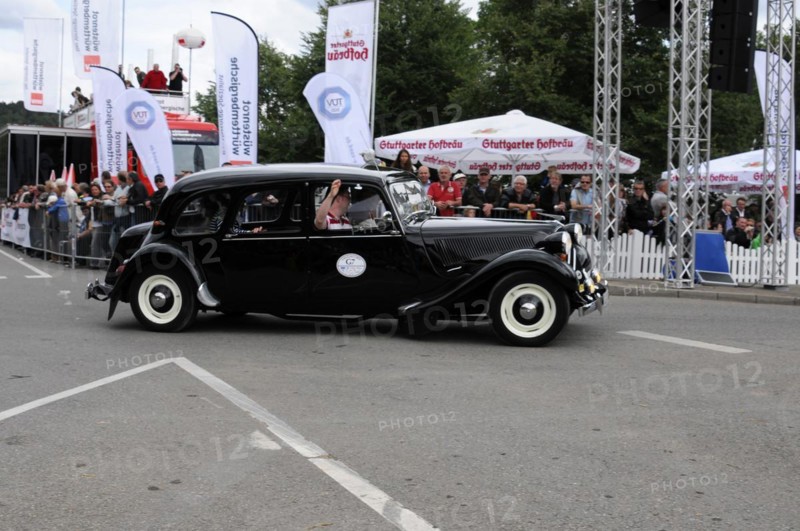 An elegant black and white vintage limousine takes part in a race, SOLITUDE REVIVAL 2011, Stuttgart, Baden-Wuerttemberg, Germany, Europe