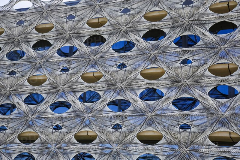 Reutlingen University, Reutlingen University, Texoversum, German University Building Award 2024 for TEXOVERSUM, modern architecture, facade made of carbon and glass fibres, mesh, innovative, identity-creating, unique facade, campus, place of learning, special, extraordinary new building for textile courses, light, airy, airy, holes, detail, architectural eye-catcher, Reutlingen, Baden-Wuerttemberg, Germany, Europe