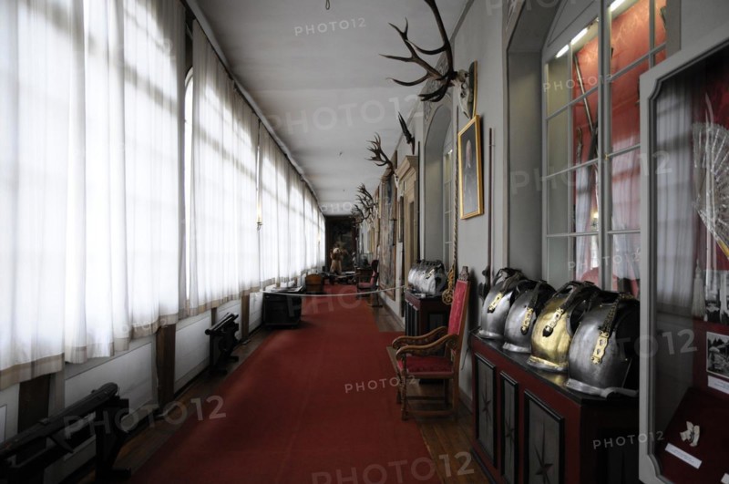 Langenburg Castle, Long corridor of a historic building with a collection of helmets and antlers, Langenburg Castle, Langenburg, Baden-Wuerttemberg, Germany, Europe