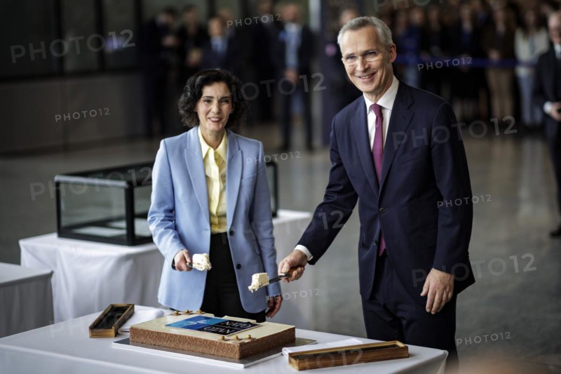 (L-R) Hadja Lahbib, Foreign Minister of Belgium, and Jens Stoltenberg, Secretary General of the North Atlantic Council, photographed during the ceremony to mark the 75th anniversary of the signing of the founding document of the North Atlantic Treaty. Brussels, 04.04.2024. Photographed on behalf of the Federal Foreign Office