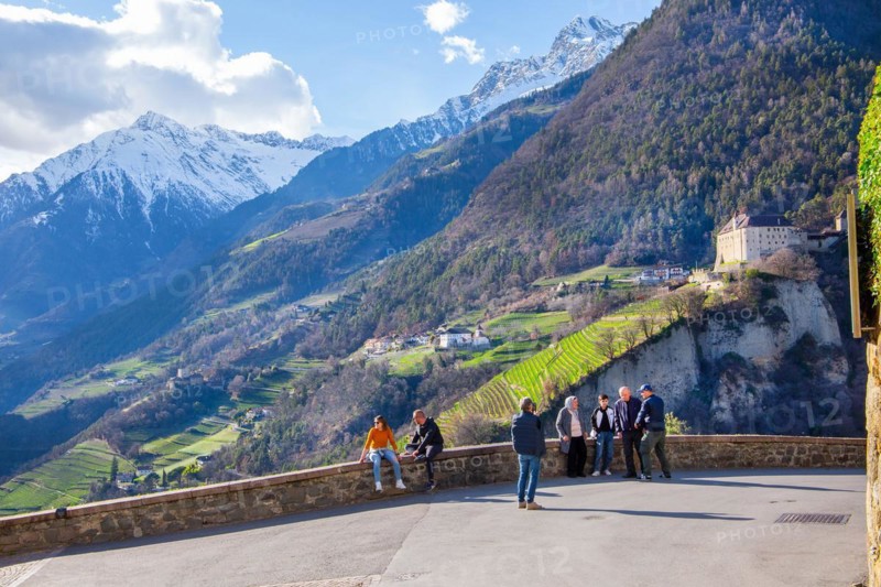 Panoramic terrace with castle view in front of the Texel Group with the peak 3006m in spring, Dorf Tyrol near Meran, Etschtal, Burggrafenamt, Alps, South Tyrol, Trentino-South Tyrol, Italy, Europe