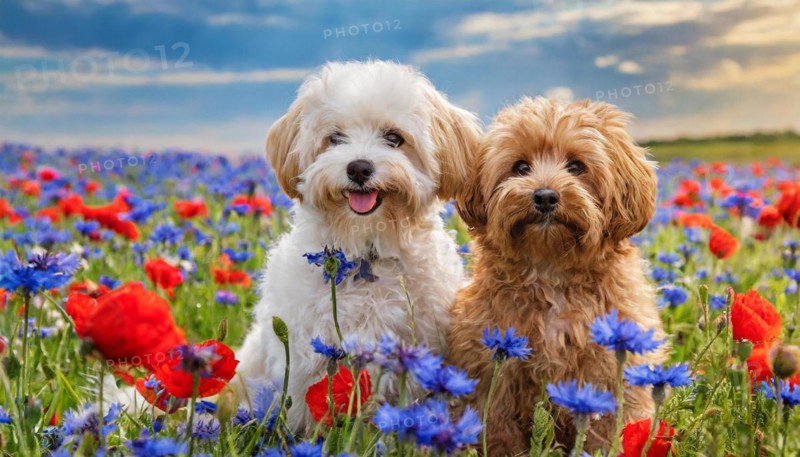 KI generated, animal, animals, mammal, mammals, Maltipoo (Canis lupus familiaris), dog, dogs, bitch, cross between poodle and Maltese, dwarf poodle, small poodle, flower meadow, two, bitch with puppy