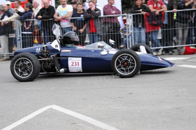 A blue formula racing car with the number 231 drives past spectators, SOLITUDE REVIVAL 2011, Stuttgart, Baden-Wuerttemberg, Germany, Europe