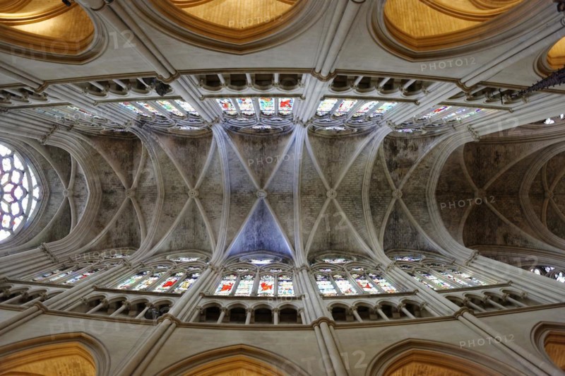 Church of Saint-Vincent-de-Paul, view upwards into the vault of a church with stained glass windows and Gothic elements, Marseille, Departement Bouches-du-Rhone, Provence-Alpes-Cote d'Azur region, France, Europe