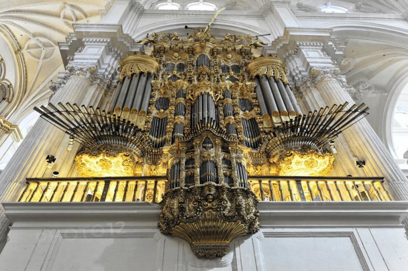 Organ, Cathedral of Santa Maria de la Encarnacion, Cathedral of Granada, Detailed view of a baroque church organ in gold and white, Granada, Andalusia, Spain, Europe
